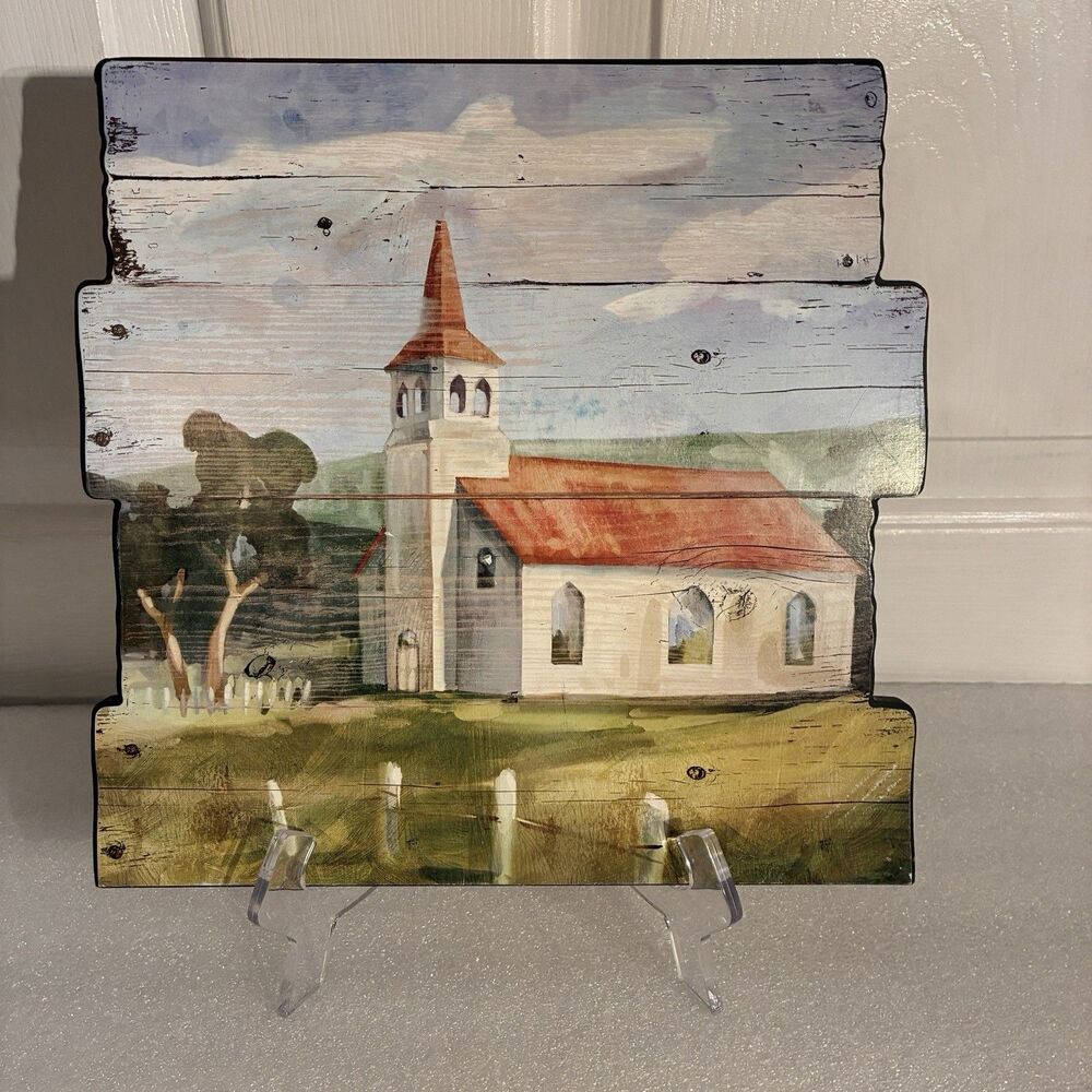 Picture of Country Church on pressed wood. Measures 10"x10" plus easel.
